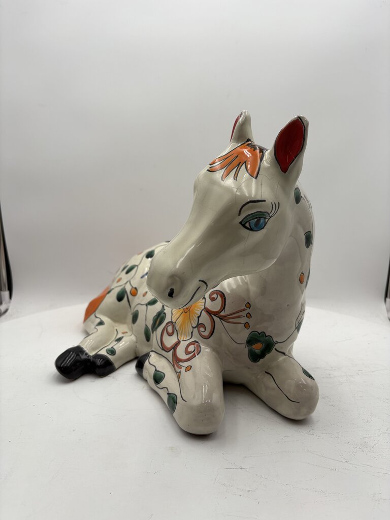 Mexican Majolica Talavera Pottery Colorful White Horse Statute