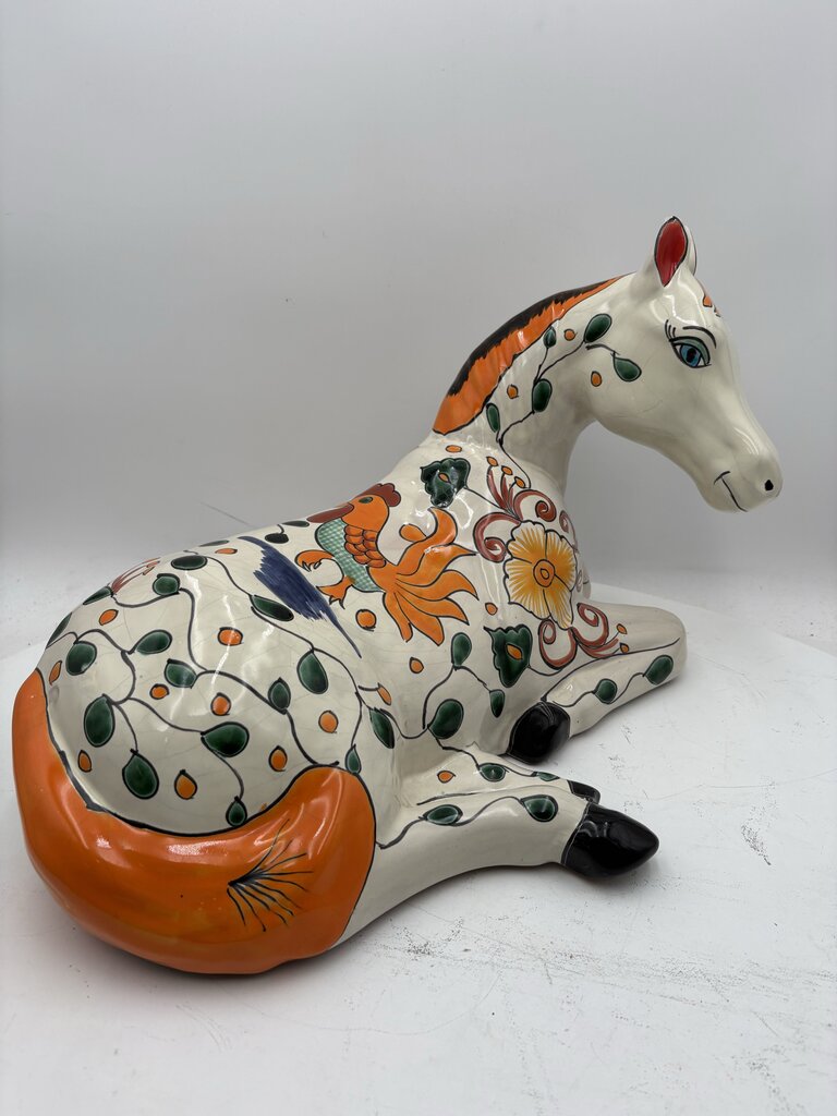 Mexican Majolica Talavera Pottery Colorful White Horse Statute