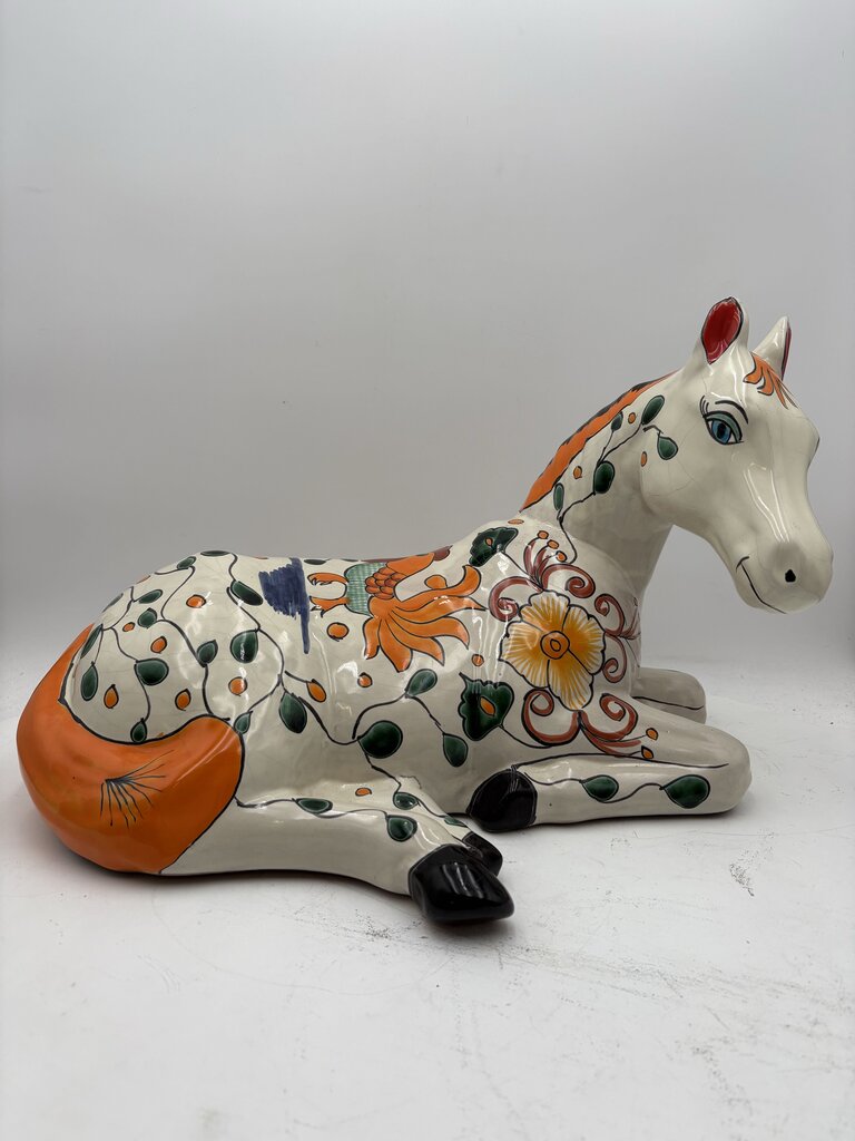 Mexican Majolica Talavera Pottery Colorful White Horse Statute