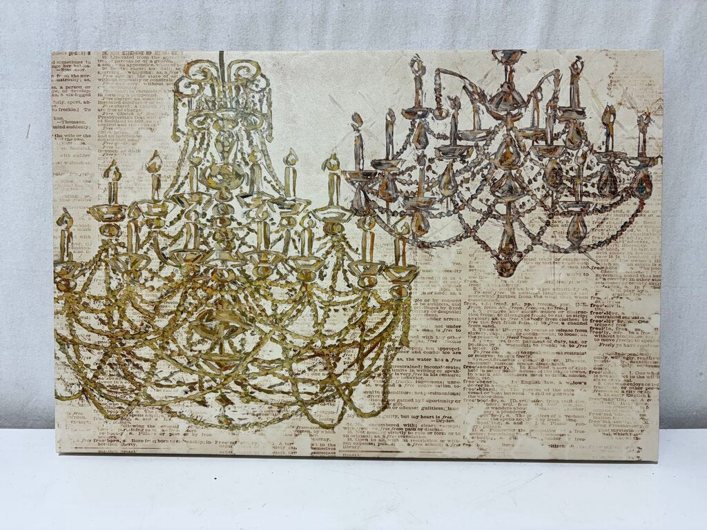 Canvas Hotel Art Two Chandeliers on News Print