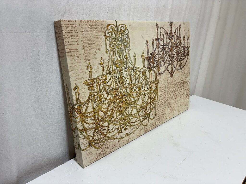 Canvas Hotel Art Two Chandeliers on News Print