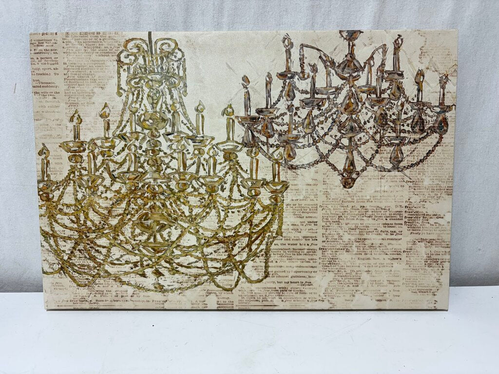 Canvas Hotel Art Two Chandeliers on News Print