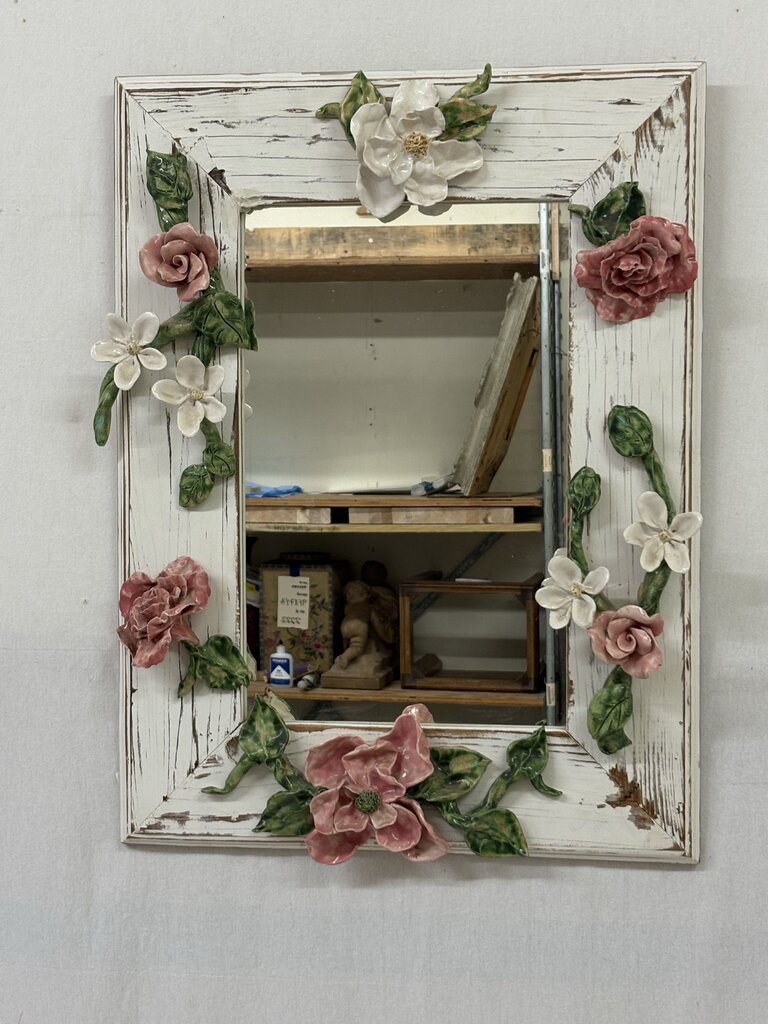 Lesal Floral Ceramic Distressed White Mirror