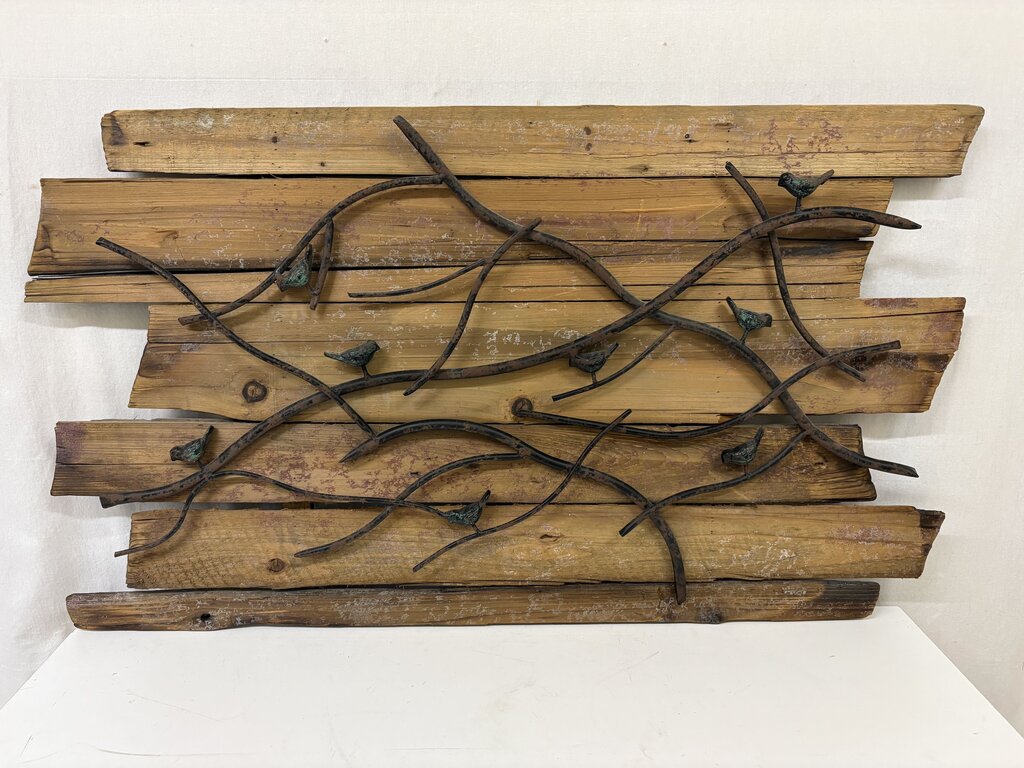 Reclaimed Wood & Wrought Iron Tube Bird & Branch Wall Art