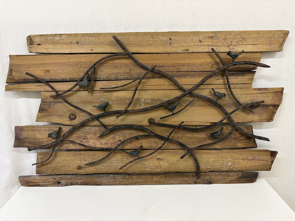 Reclaimed Wood & Wrought Iron Tube Bird & Branch Wall Art