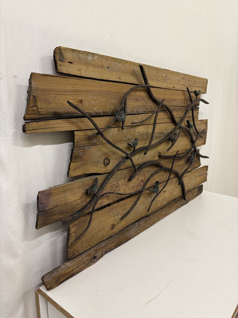 Reclaimed Wood & Wrought Iron Tube Bird & Branch Wall Art