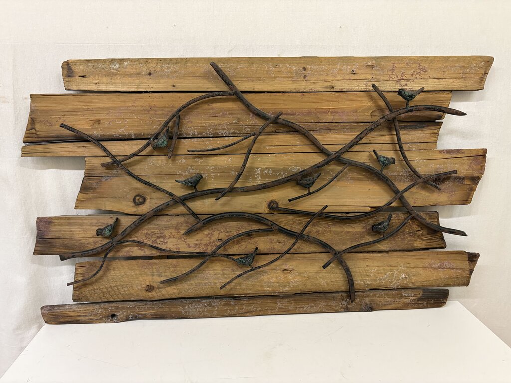 Reclaimed Wood & Wrought Iron Tube Bird & Branch Wall Art