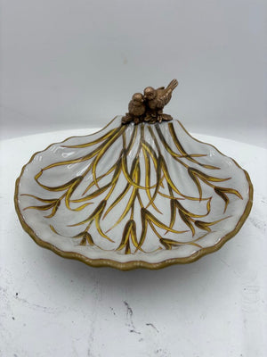Chinese Export Decorative Porcelain Dish Scalloped Edge Shell & 2 Brass Birds