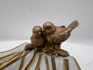 Chinese Export Decorative Porcelain Dish Scalloped Edge Shell & 2 Brass Birds