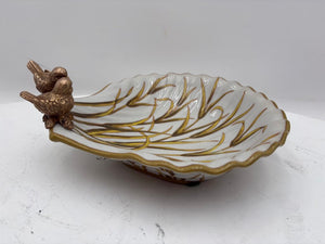 Chinese Export Decorative Porcelain Dish Scalloped Edge Shell & 2 Brass Birds