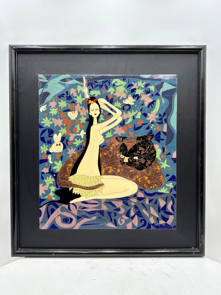 Cloisonne Wall Art "Island Girl with Jungle Cat" Artist Unknown