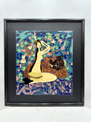 Cloisonne Wall Art "Island Girl with Jungle Cat" Artist Unknown