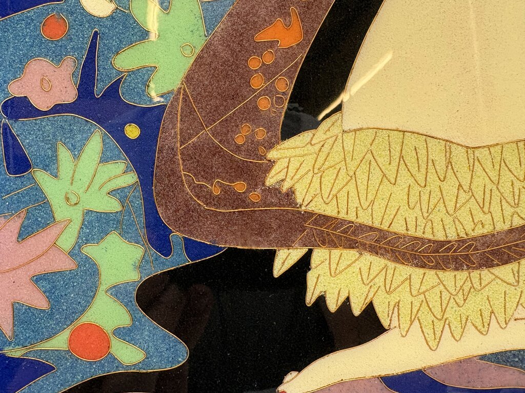 Cloisonne Wall Art "Island Girl with Jungle Cat" Artist Unknown