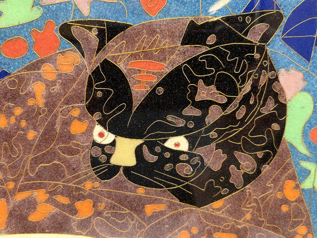 Cloisonne Wall Art "Island Girl with Jungle Cat" Artist Unknown