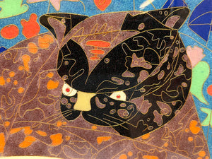 Cloisonne Wall Art "Island Girl with Jungle Cat" Artist Unknown