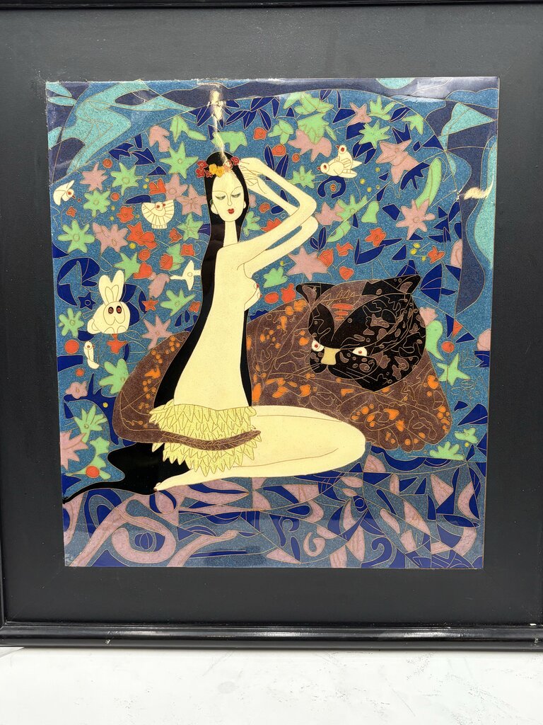 Cloisonne Wall Art "Island Girl with Jungle Cat" Artist Unknown