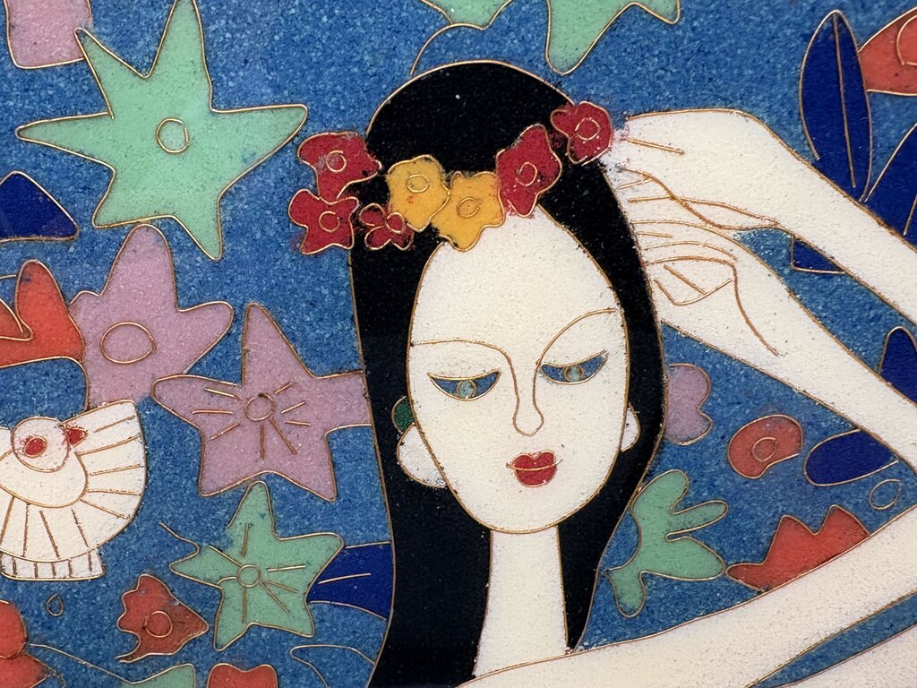 Cloisonne Wall Art "Island Girl with Jungle Cat" Artist Unknown
