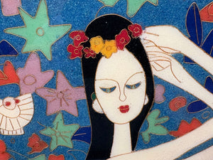 Cloisonne Wall Art "Island Girl with Jungle Cat" Artist Unknown