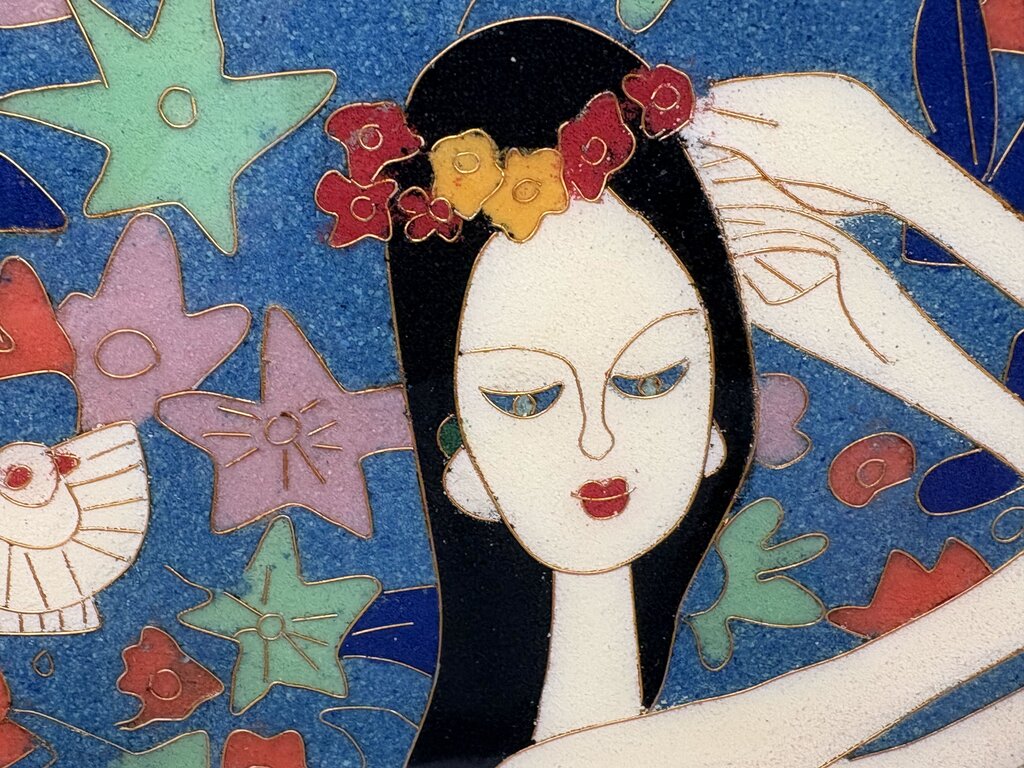 Cloisonne Wall Art "Island Girl with Jungle Cat" Artist Unknown