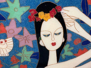 Cloisonne Wall Art "Island Girl with Jungle Cat" Artist Unknown