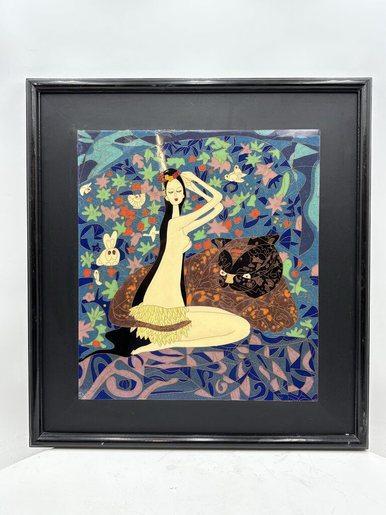 Cloisonne Wall Art "Island Girl with Jungle Cat" Artist Unknown