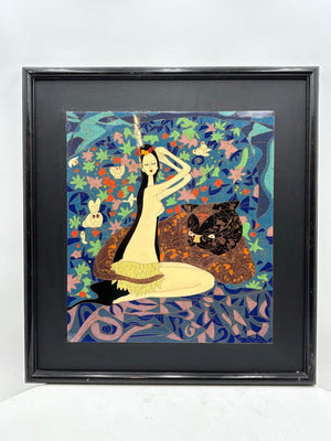Cloisonne Wall Art "Island Girl with Jungle Cat" Artist Unknown