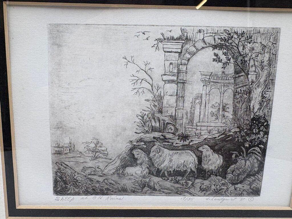 Dorothy Lundquist Etching #17/35 "The Sheep at Old Ruins" 1977