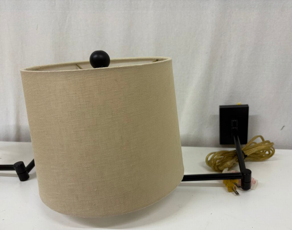 Bronze Finish Linen Barrel Shade Swing Arm Wall Sconce w/Plug (PAIR)