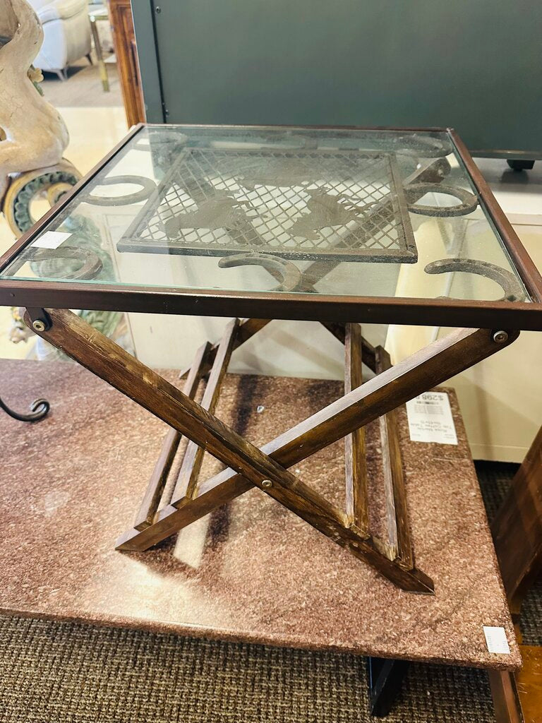 Rustic Horseshoe Glass Top Side Table 18x18x18