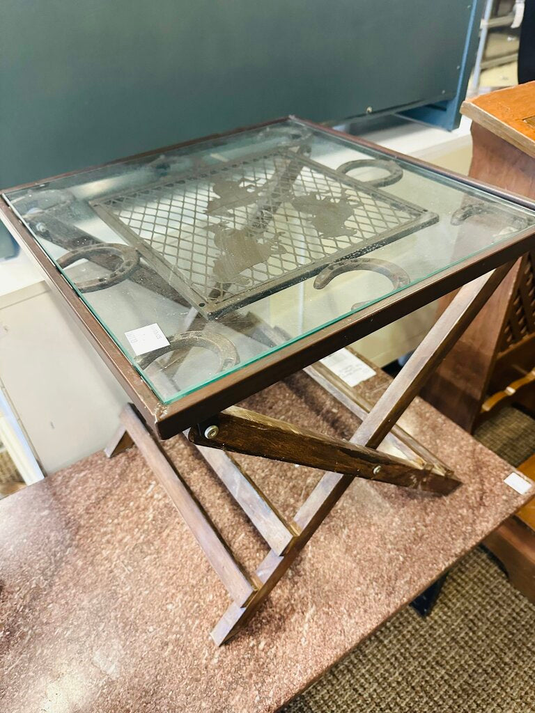 Rustic Horseshoe Glass Top Side Table 18x18x18