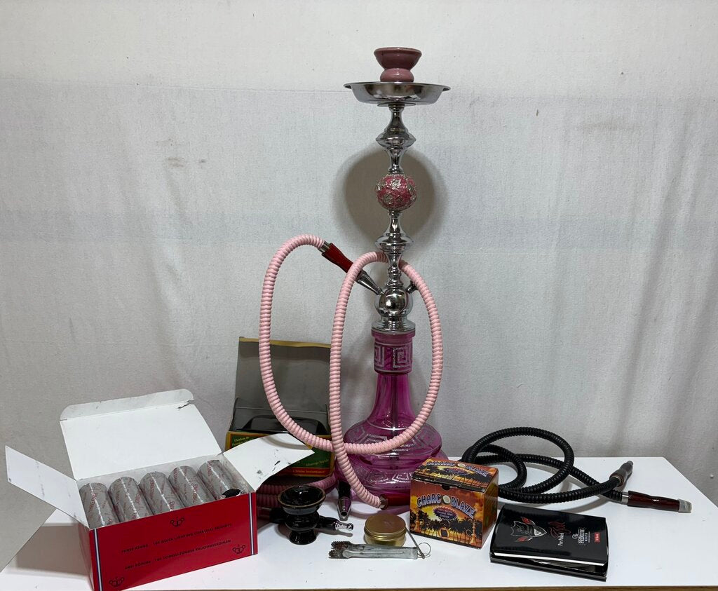 Pink Glass Greek Key Persian Style Hookah Complete Smoking Kit (No Tobacco)