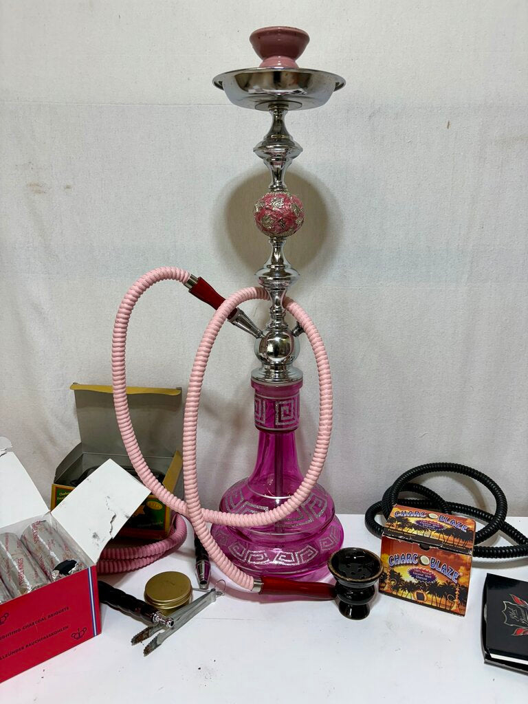 Pink Glass Greek Key Persian Style Hookah Complete Smoking Kit (No Tobacco)