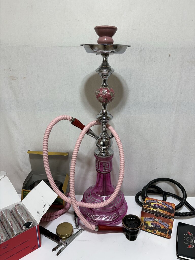 Pink Glass Greek Key Persian Style Hookah Complete Smoking Kit (No Tobacco)