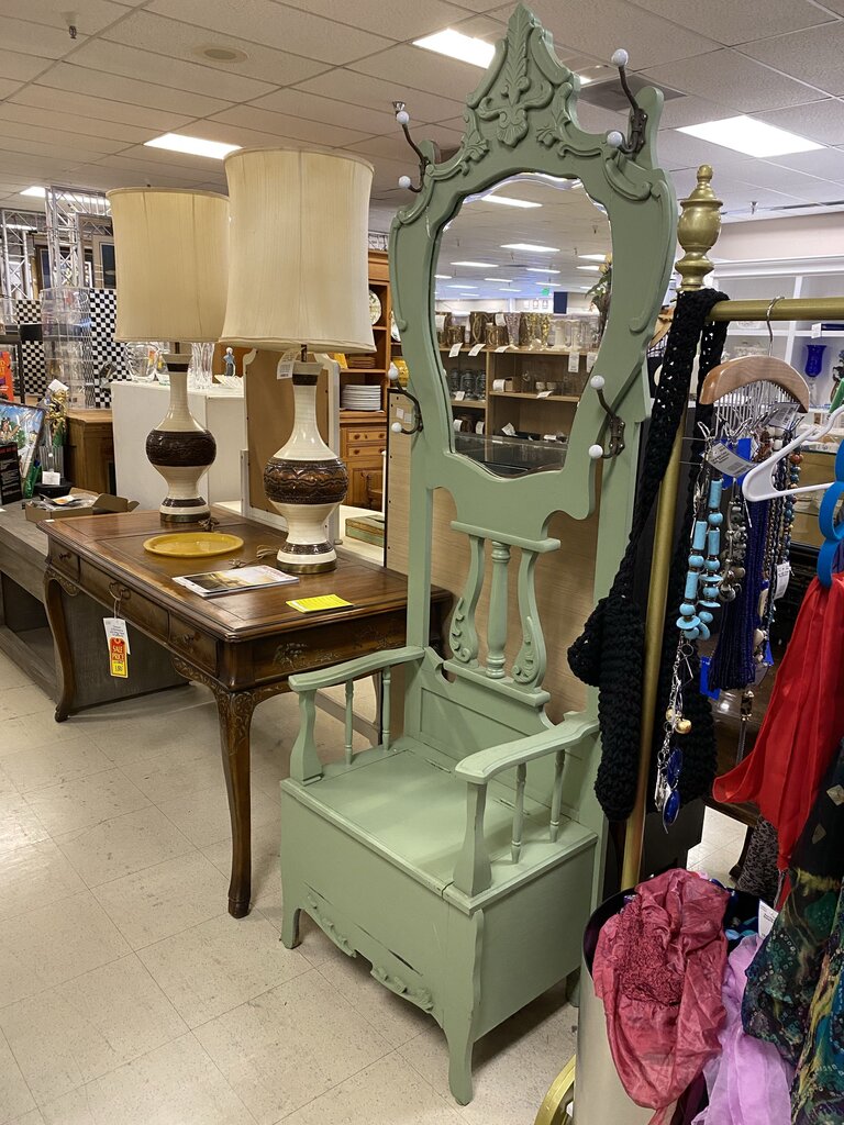 Sage Green Hall Tree w/ Mirror & Storage Seat 24x16x83 by Miss Daisy's Consignment & Auction House