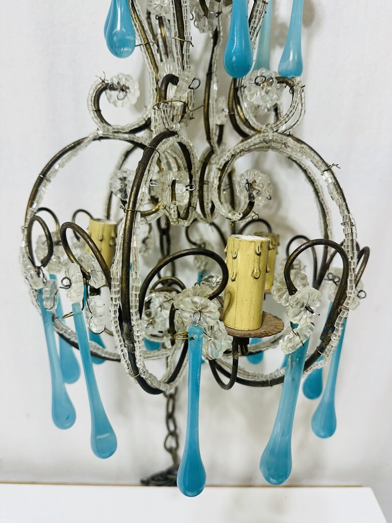 Vintage French Blue Murano Beaded Chandelier