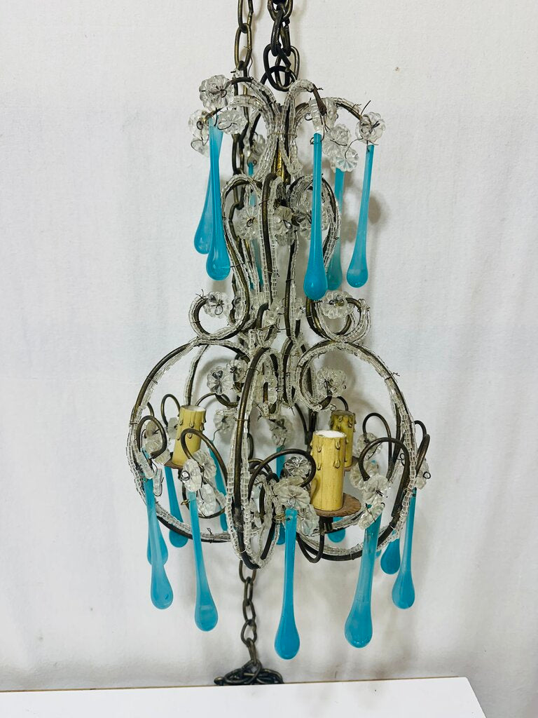 Vintage French Blue Murano Beaded Chandelier