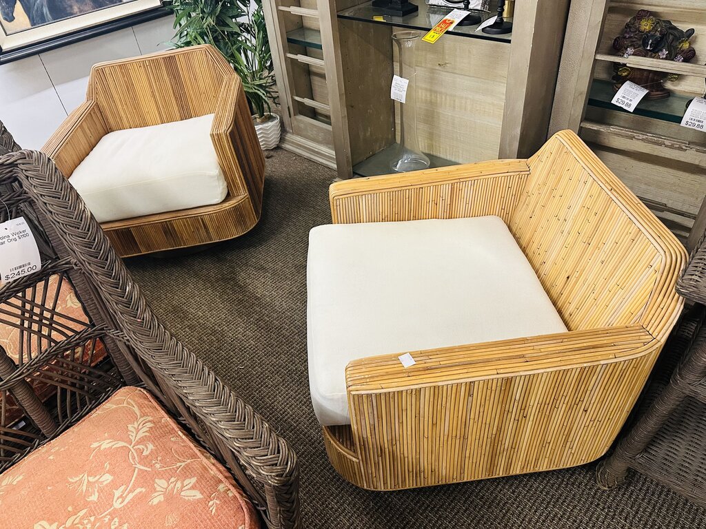 Milo Baughman Style Cased Bamboo Swivel Chairs (pair) Cushions by Justina Blakeney