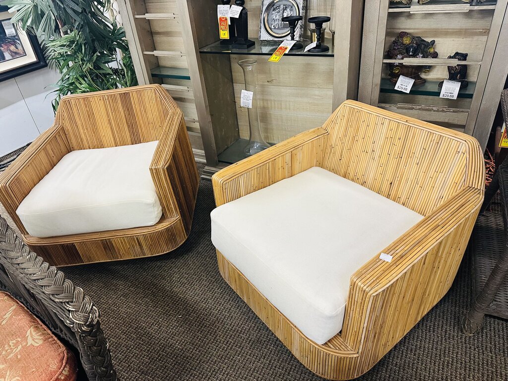Milo Baughman Style Cased Bamboo Swivel Chairs (pair) Cushions by Justina Blakeney by Miss Daisy's Consignment & Auction House