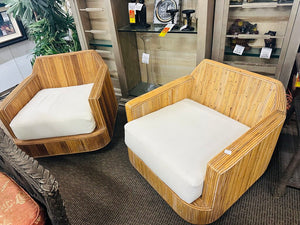 Milo Baughman Style Cased Bamboo Swivel Chairs (pair) Cushions by Justina Blakeney