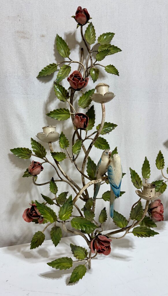 Vintage Metal Tole Style Painted Rose & Bird Motif Candle Sconces (PAIR)