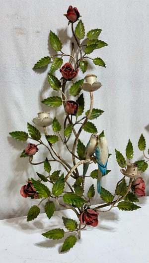 Vintage Metal Tole Style Painted Rose & Bird Motif Candle Sconces (PAIR)