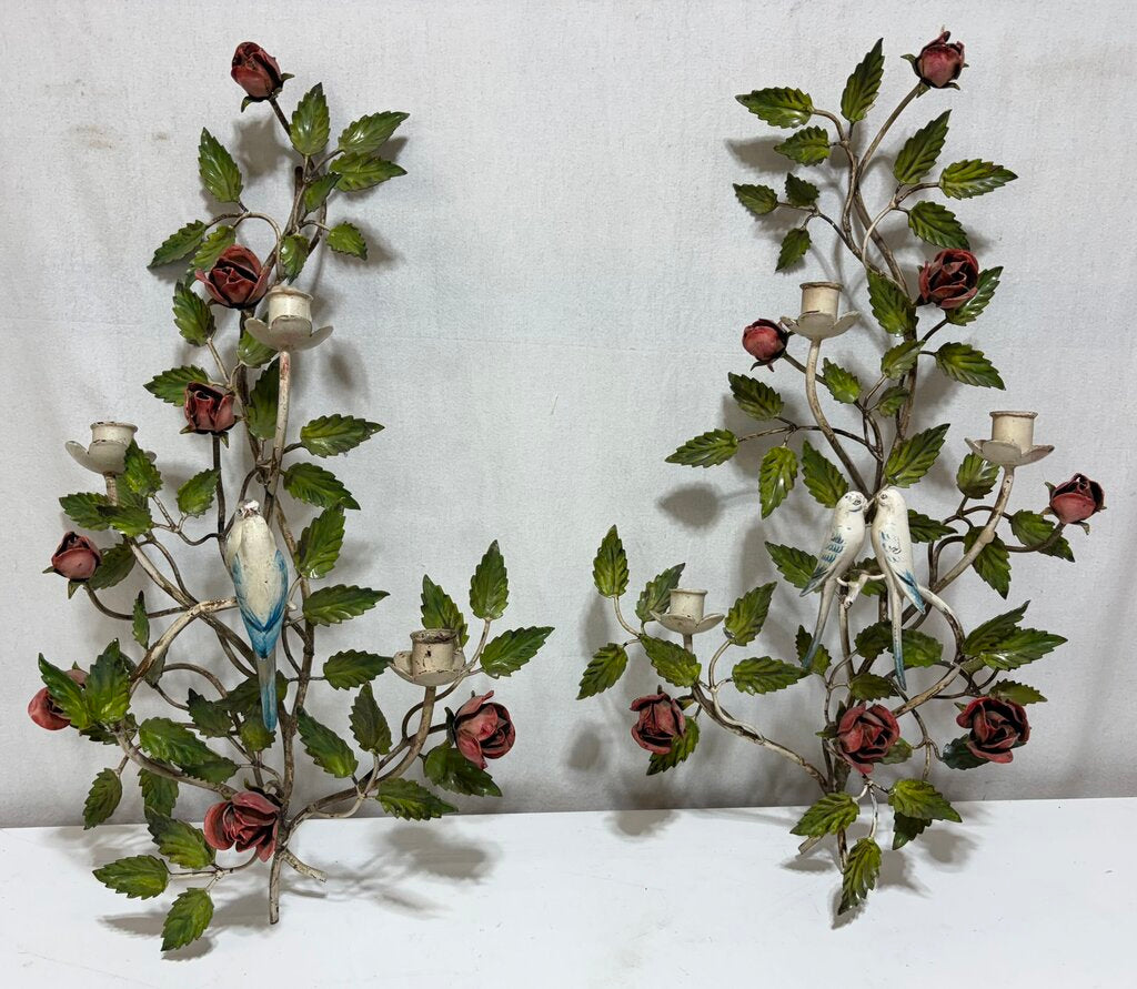Vintage Metal Tole Style Painted Rose & Bird Motif Candle Sconces (PAIR)