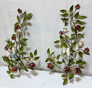 Vintage Metal Tole Style Painted Rose & Bird Motif Candle Sconces (PAIR)