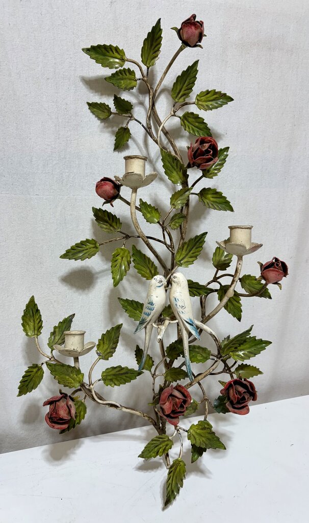Vintage Metal Tole Style Painted Rose & Bird Motif Candle Sconces (PAIR)