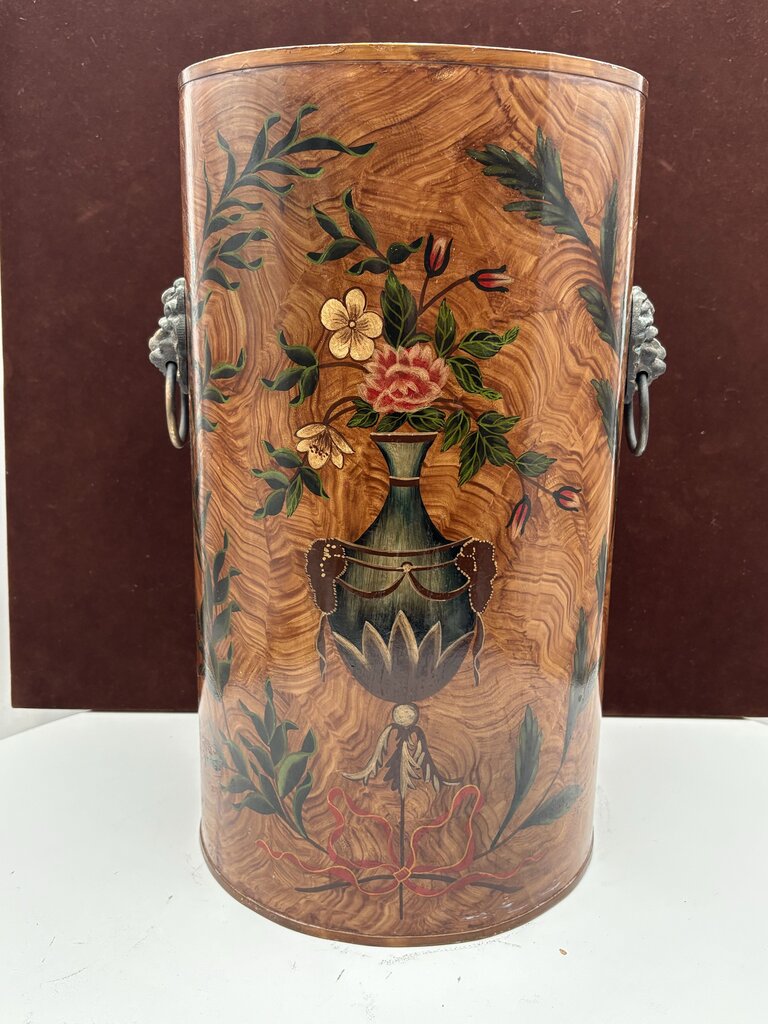 Wildwood Accents Faux Burl Hand Painted Floral Motif Lion Head Handle Umbrella Stand 16"