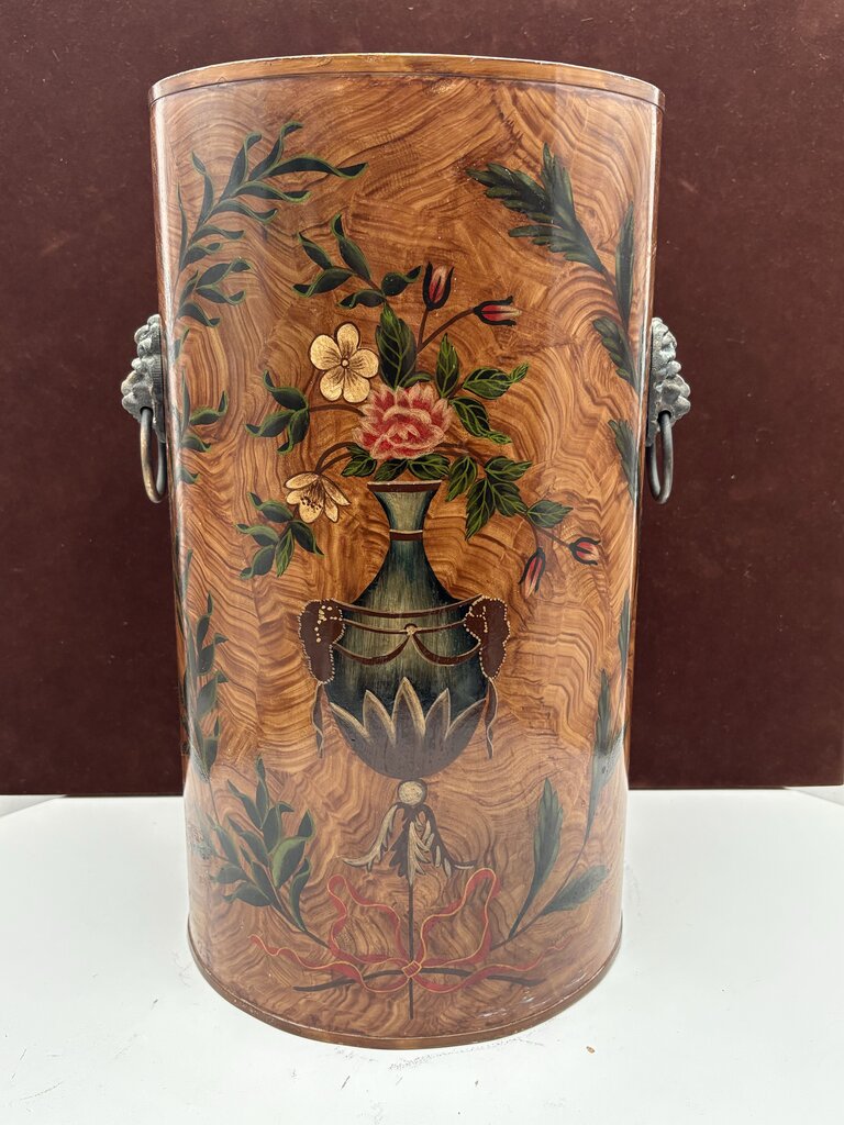 Wildwood Accents Faux Burl Hand Painted Floral Motif Lion Head Handle Umbrella Stand 16"