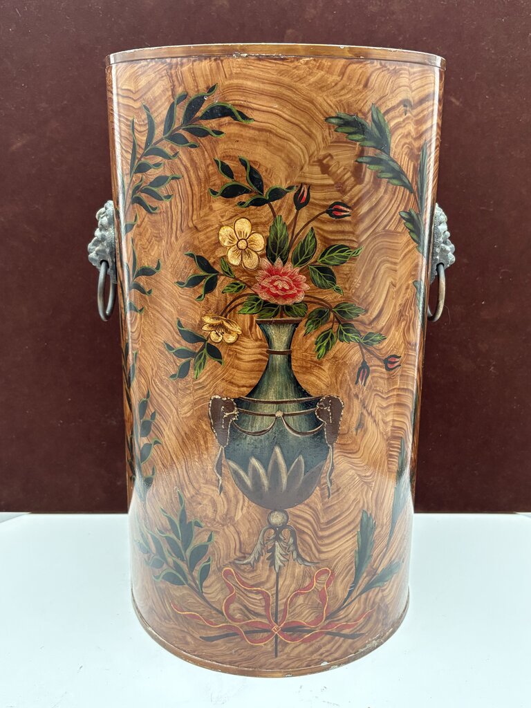 Wildwood Accents Faux Burl Hand Painted Floral Motif Lion Head Handle Umbrella Stand 16"