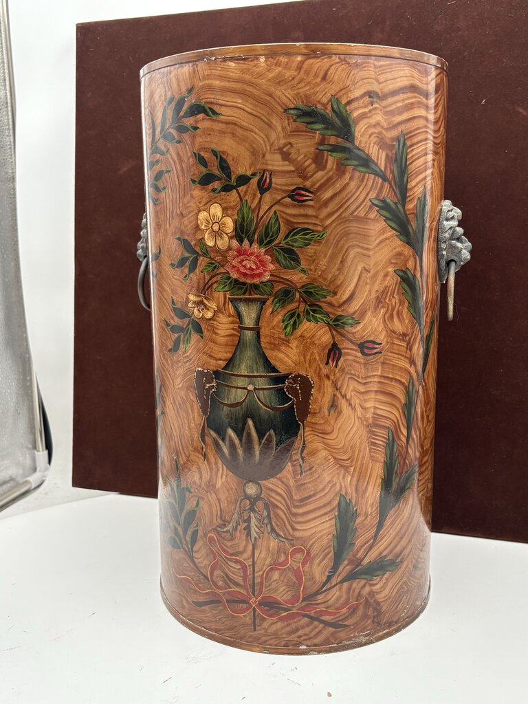 Wildwood Accents Faux Burl Hand Painted Floral Motif Lion Head Handle Umbrella Stand 16"
