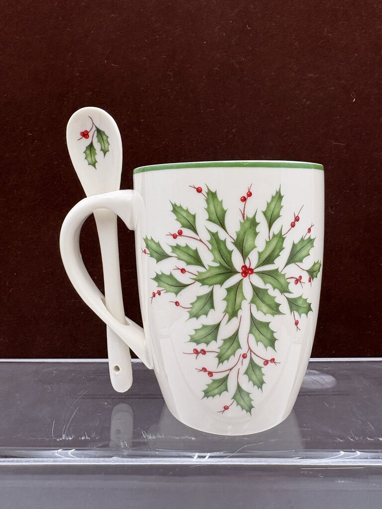 Lenox Holiday American by Design Holly Leaf Hot Coco Mug w/ Spoon 14oz (2Pcs)