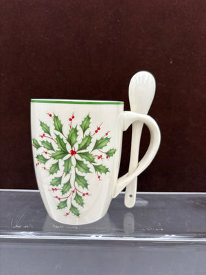 Lenox Holiday American by Design Holly Leaf Hot Coco Mug w/ Spoon 14oz (2Pcs)
